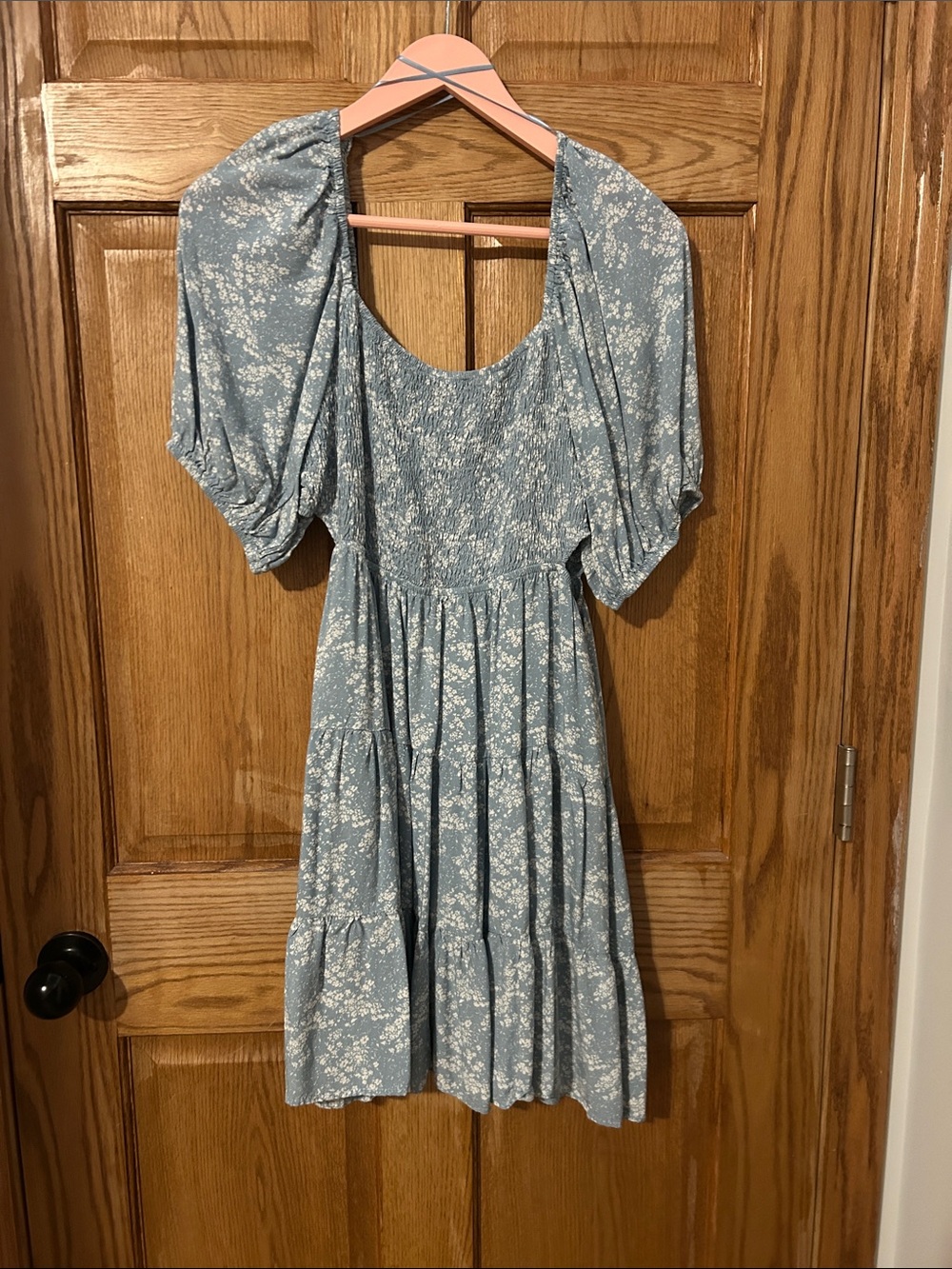 Smocked Puff-Sleeve Mini Dress in Light Blue Floral